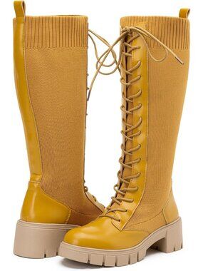Women's Yellow Round Toe Lace Up Platform Chunky Heel Knee High Boots